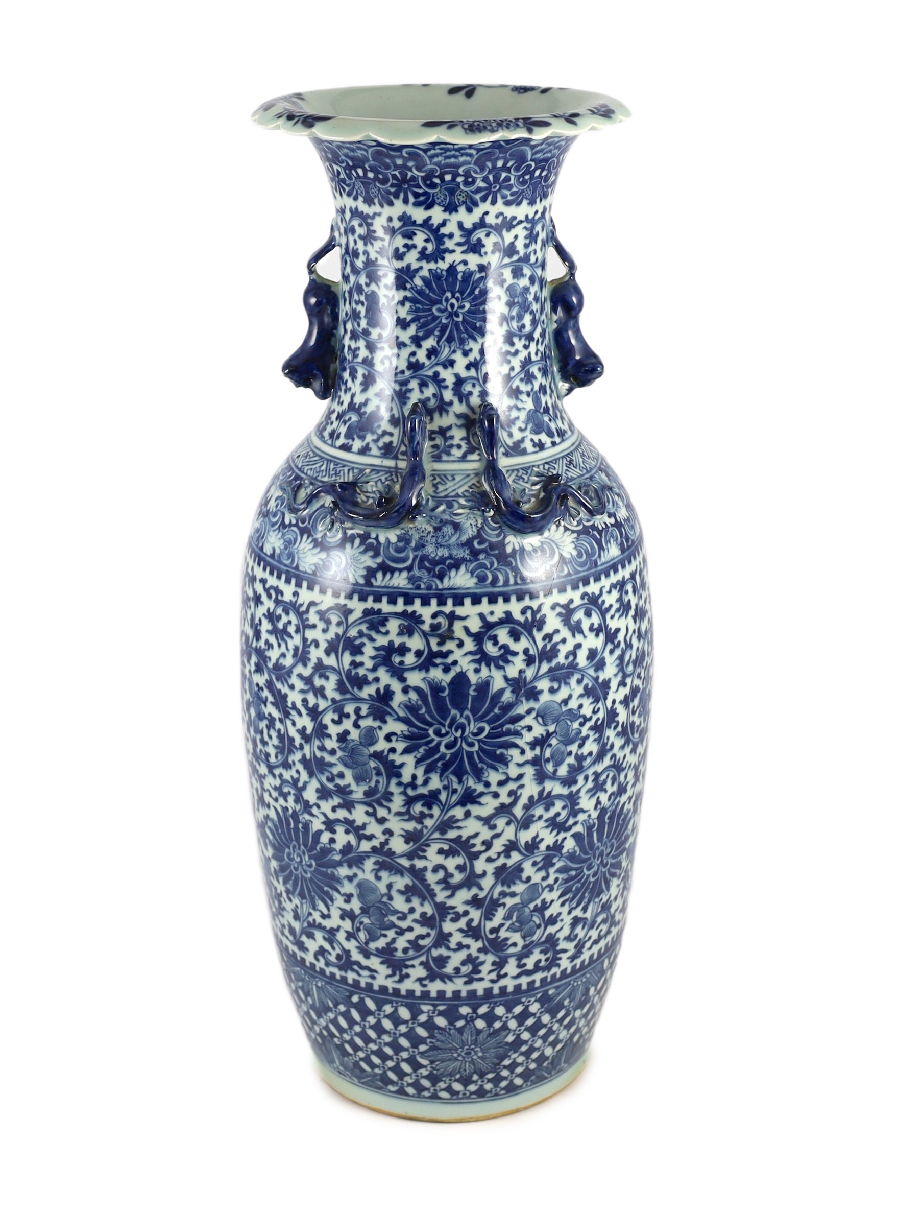 A large Chinese blue and white ‘lotus’ vase, 19th century, 59cm high, damaged